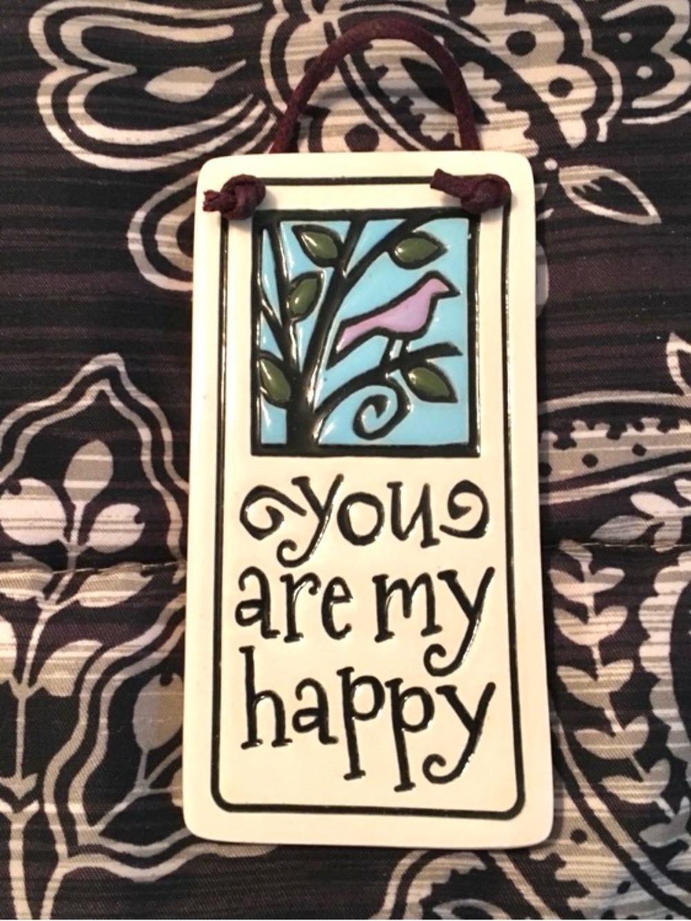 EUC Cream Ceramic 'You Are My Happy' Wall Plaque with Blue and Purple Accents